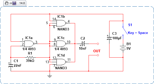 The oscillator shown in fig. 2 can be used to form the basis of a simple Signal Injector. The oscillator portion of the circuit is built around IC1-a, which produces a square-wave output. The other three gates are used to boost the output urrente to level sufficient to drive the input of the circuit to be tested.
