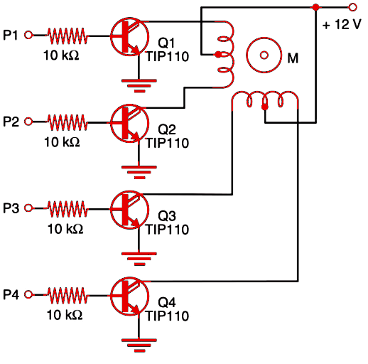 Figure 1  Driving a stepper motor with Darlington NPN transistors.
