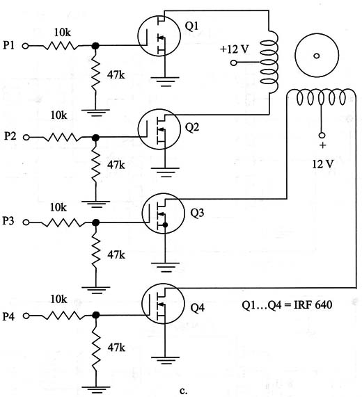 Figure 4 - Using the ULN2003, four outputs from the PC, which generates the sequence of pulses, each output controls one winding
